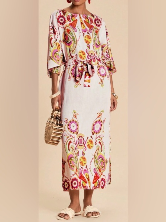 Dresses & Skirts - Tie-Waist Midi Dress in White and Pink - US 6